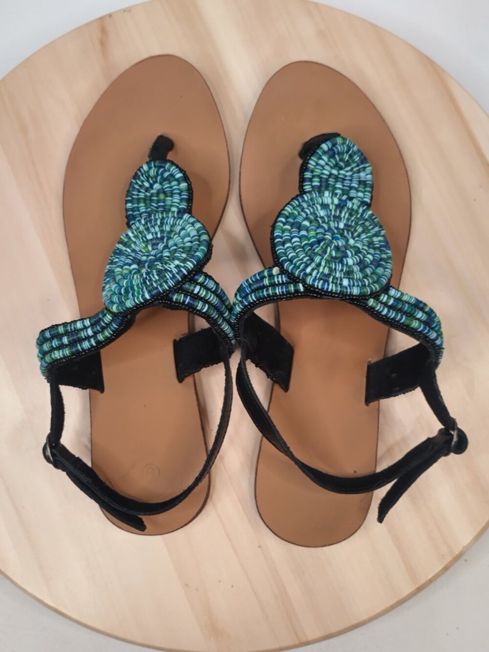 Sandals Blue & Green Beaded Leather Thong Strap Sandals Women US 9 - Picture 9 of 13
